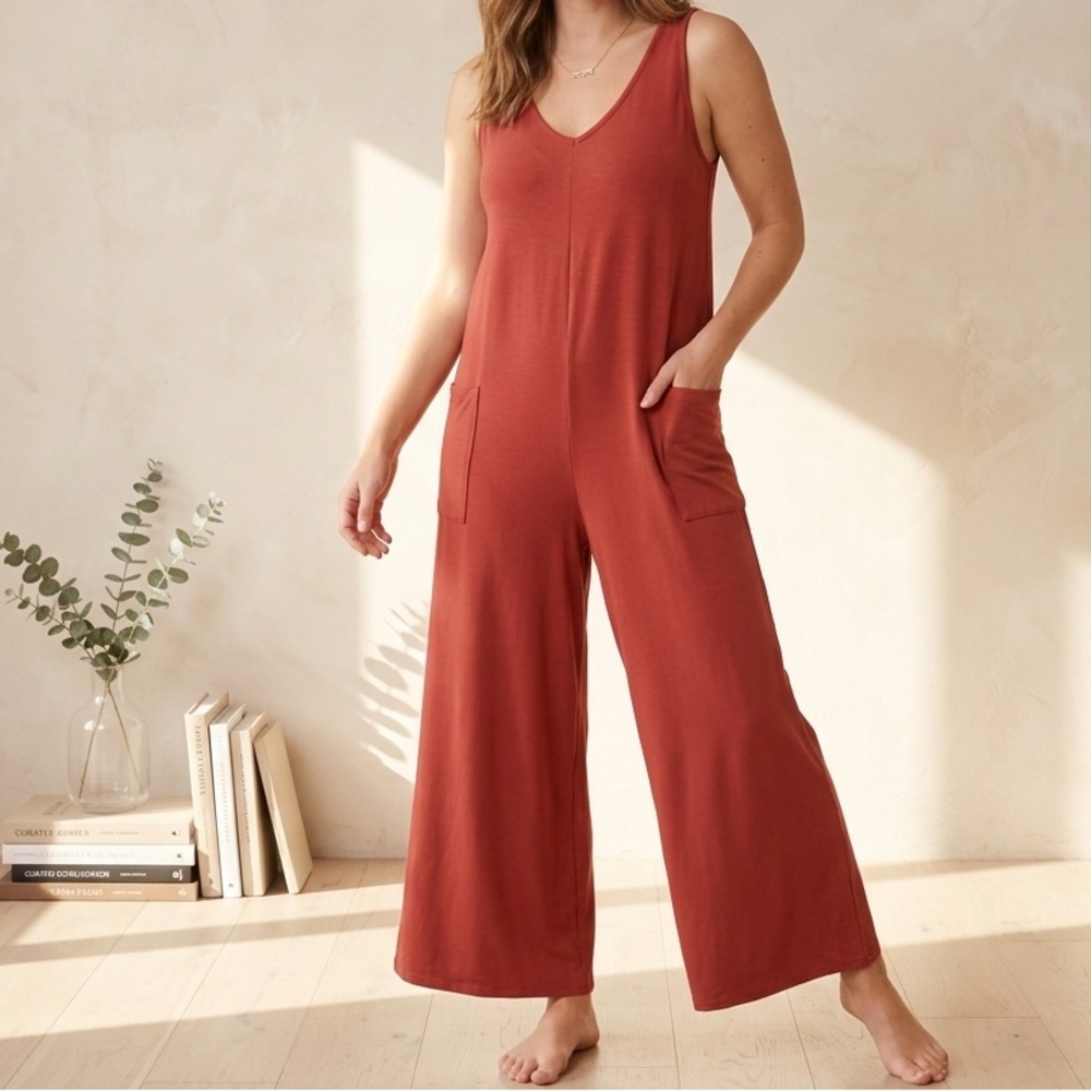 Sleeveless Rust Wide-Leg Jumpsuit